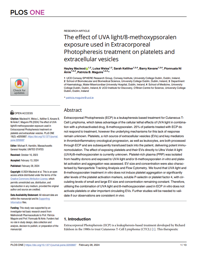 The front page of a journal article titled 'The effect of UVA light/8-methoxypsoralen exposure used in Extracorporeal Photopheresis treatment on platelets and extracellular vesicles'
